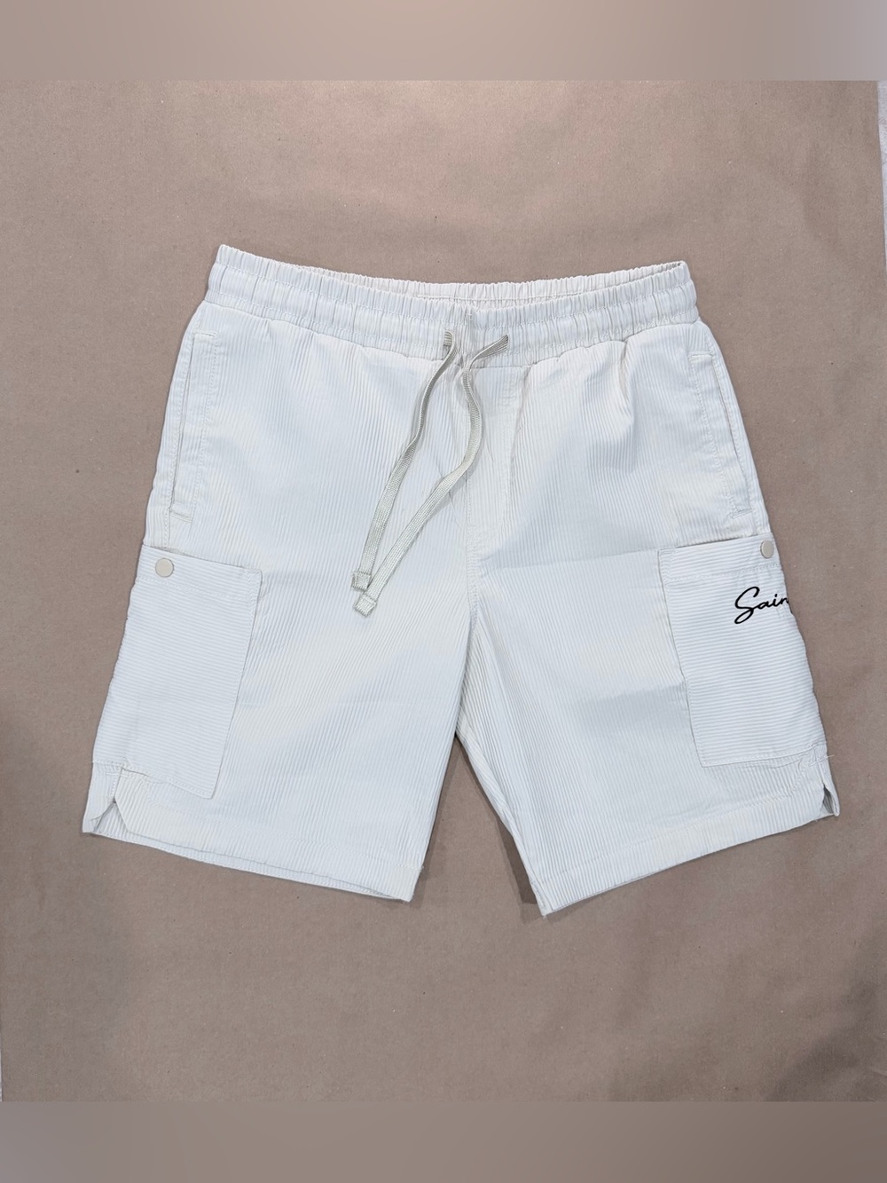 Saints Studio Cargo Shorts – Men’s M White Textured Utility w/ Pouch